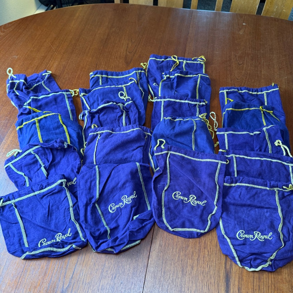 Crown Royal 19pc Lot Purple Drawstring Bags Gold Embroidery Crafting Storage